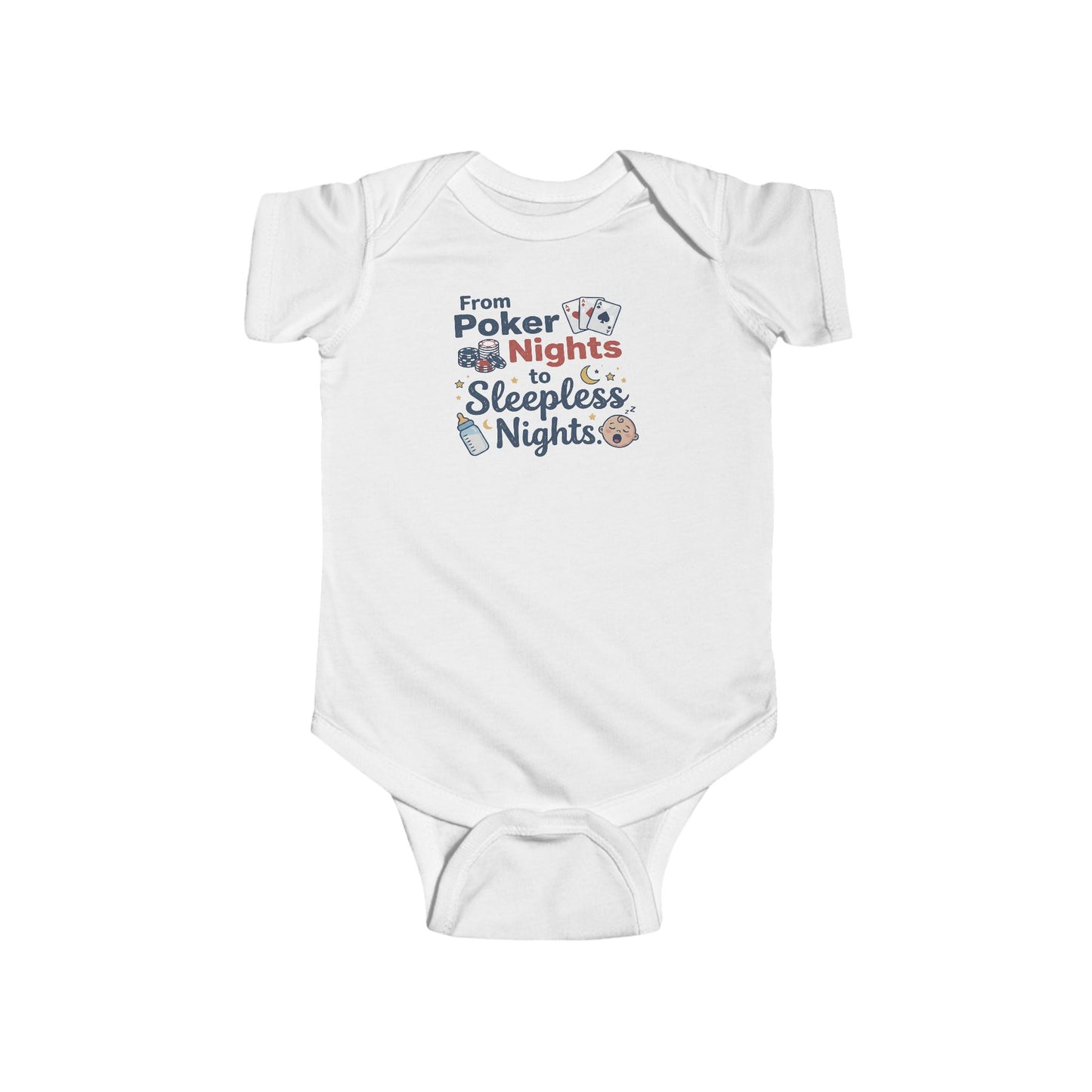 White baby onesie with text and graphics on a white background