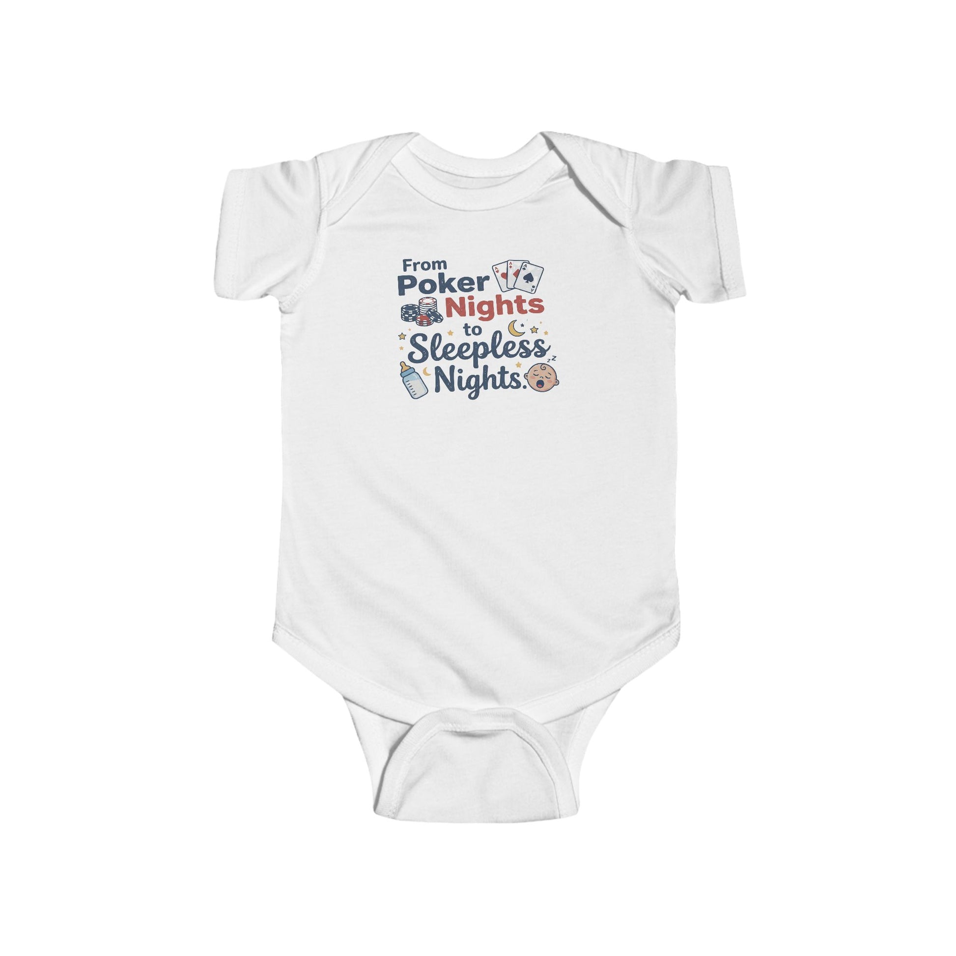 White baby onesie with text and graphics on a white background