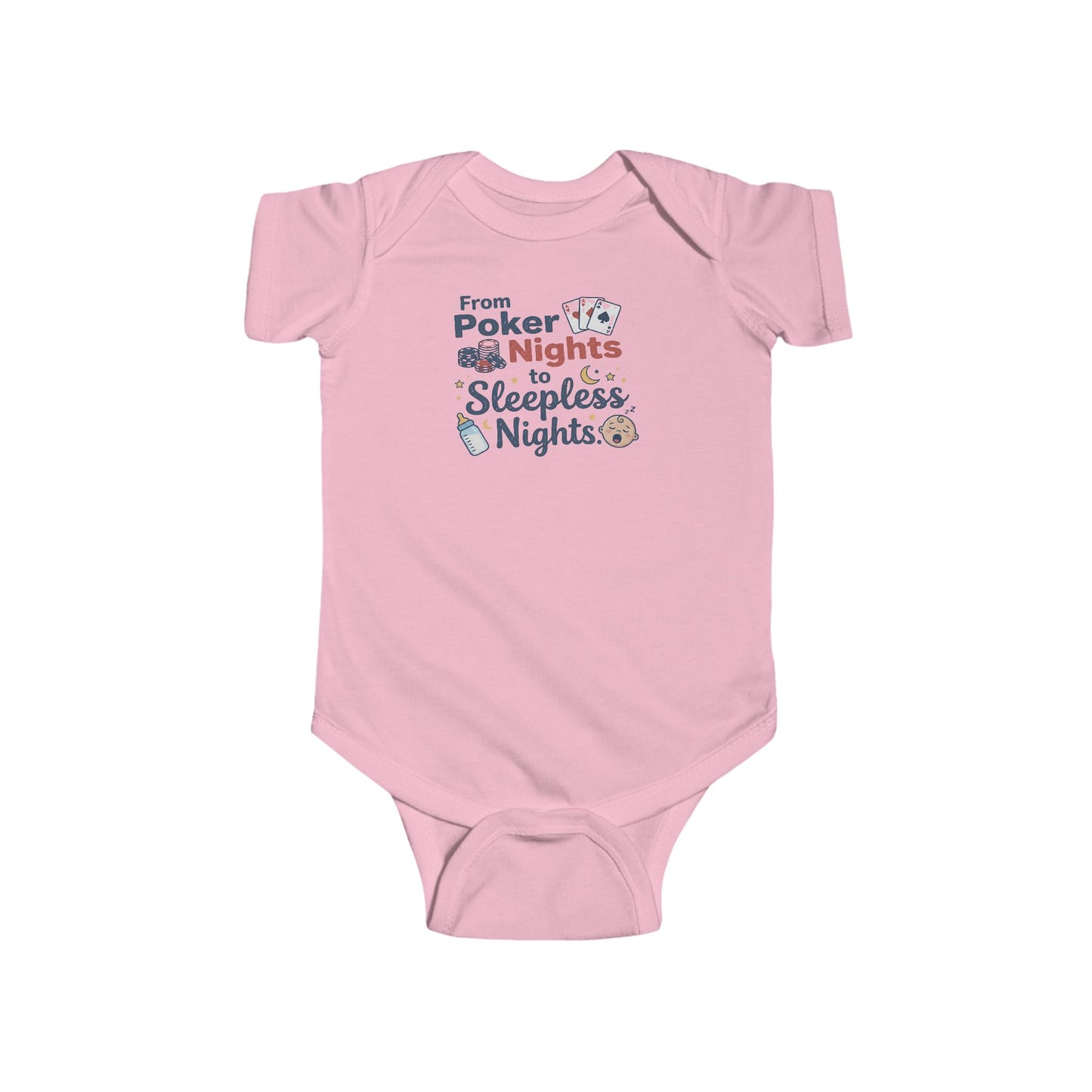 Pink baby onesie with text on a white background