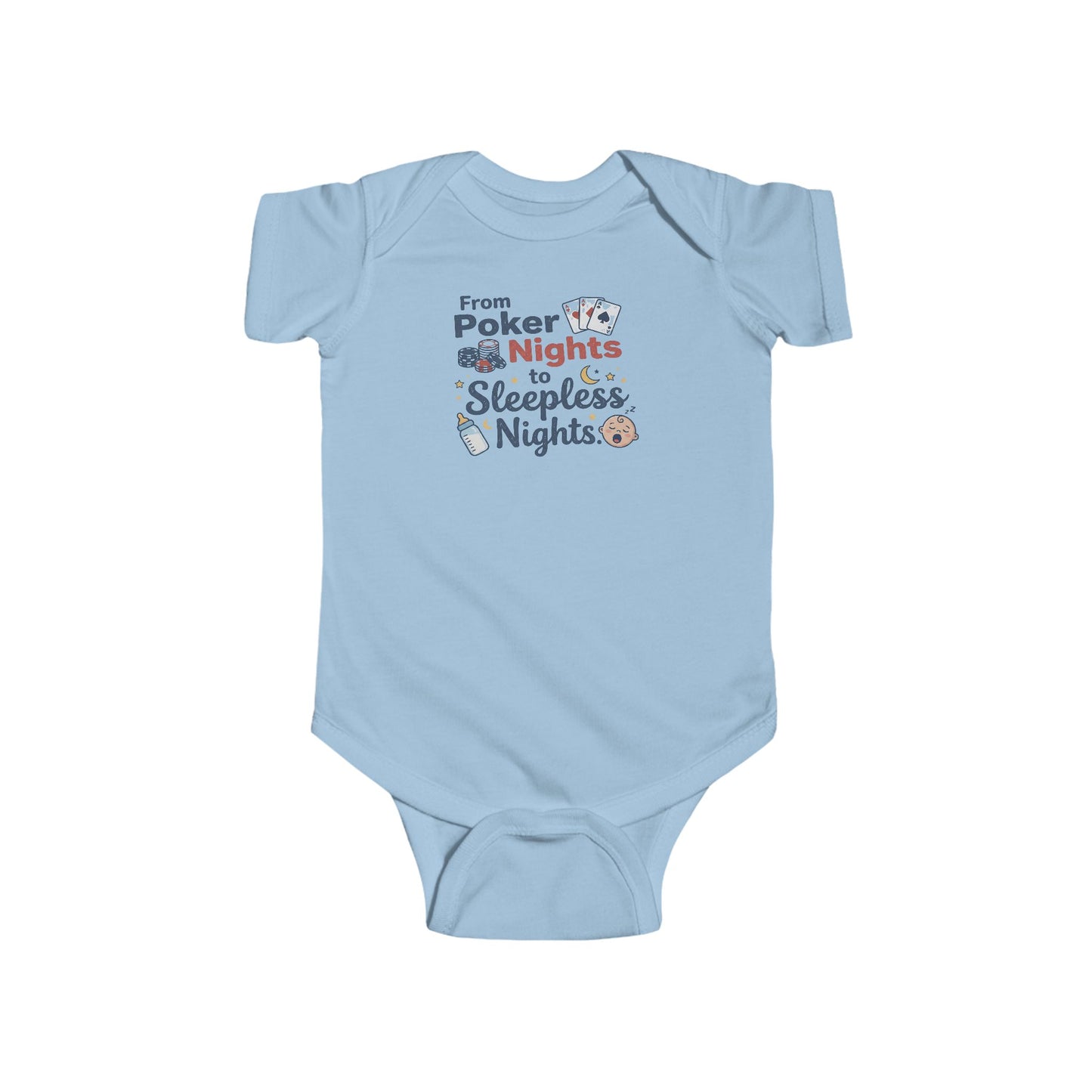 Light blue baby onesie with text and graphics on a white background
