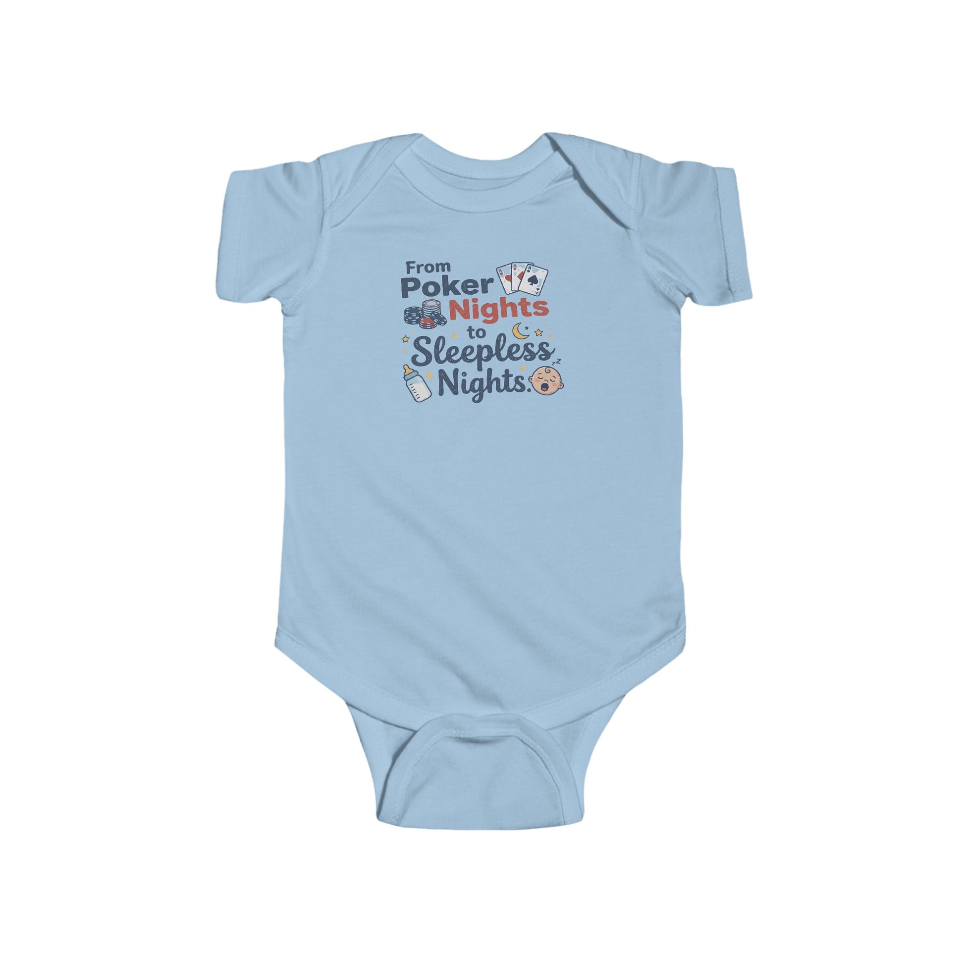 Light blue baby onesie with text and graphics on a white background