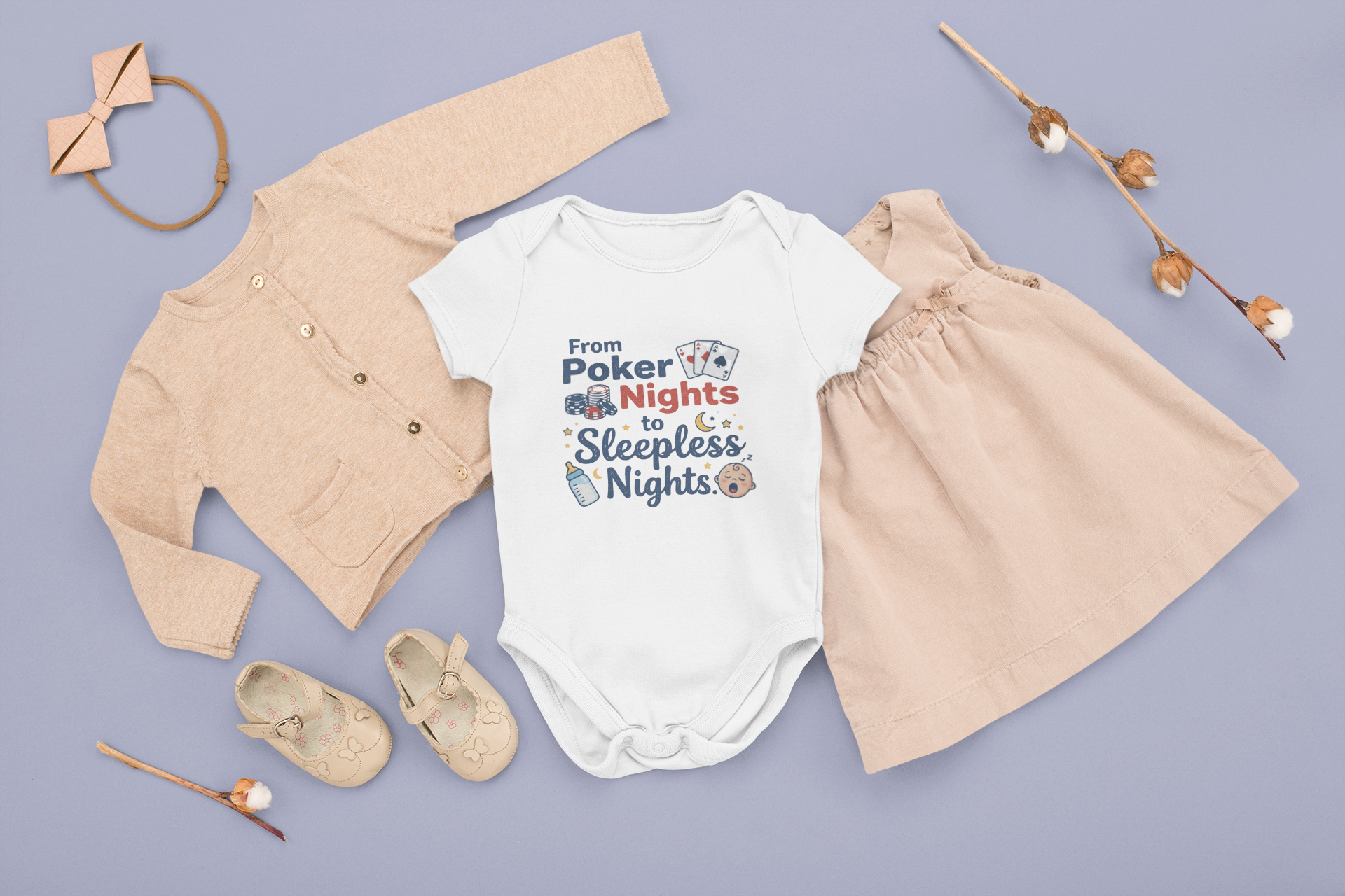 Baby outfit with beige jacket, shorts, and shoes on a light purple background